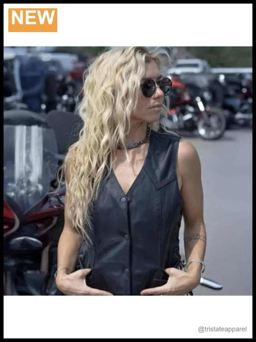 Women's Leather Western Motorcycle Vest with Side Laces, Four Snap Closure